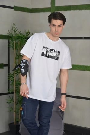 DE'CHARME Unisex Bisiklet Yaka Baskılı Oversize T-Shirt - Beyaz