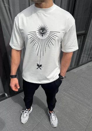 DE'CHARME Unisex Bisiklet Yaka Baskılı Oversize T-Shirt - Beyaz