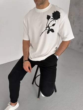 DE'CHARME Unisex Bisiklet Yaka Baskılı Oversize T-Shirt - Beyaz