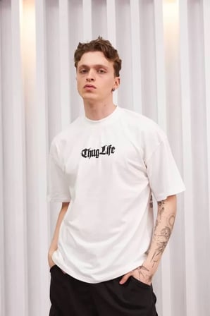 DE'CHARME Unisex Bisiklet Yaka Baskılı Oversize T-Shirt - Beyaz