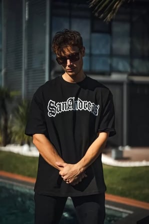 DE'CHARME Unisex Bisiklet Yaka Baskılı Oversize T-Shirt - Siyah