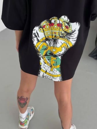 DE'CHARME Unisex Bisiklet Yaka Baskılı Oversize T-Shirt - Siyah