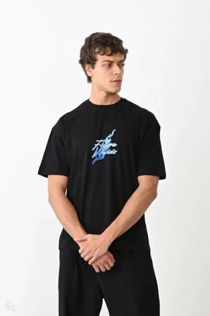 DE'CHARME Unisex Bisiklet Yaka Baskılı Oversize T-Shirt - Siyah