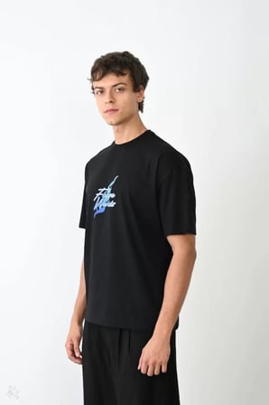 DE'CHARME Unisex Bisiklet Yaka Baskılı Oversize T-Shirt - Siyah