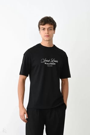 DE'CHARME Unisex Bisiklet Yaka Baskılı Oversize T-Shirt - Siyah