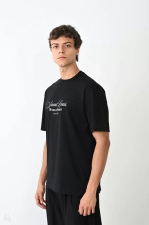 DE'CHARME Unisex Bisiklet Yaka Baskılı Oversize T-Shirt - Siyah
