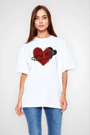 DE'CHARME Unisex Bisiklet Yaka Baskılı Oversize T-Shirt - Beyaz