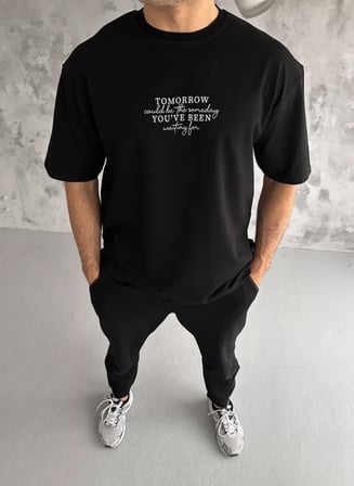 DE'CHARME Unisex Bisiklet Yaka Baskılı Oversize T-Shirt - Siyah