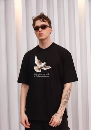 DE'CHARME Unisex Bisiklet Yaka Baskılı Oversize T-Shirt - Siyah