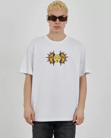 DE'CHARME Unisex Bisiklet Yaka Baskılı Oversize T-Shirt - Beyaz