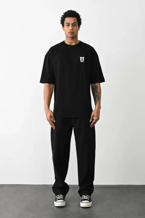 DE'CHARME Unisex Bisiklet Yaka Baskılı Oversize T-Shirt - Siyah