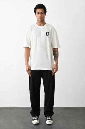 DE'CHARME Unisex Bisiklet Yaka Baskılı Oversize T-Shirt - Beyaz