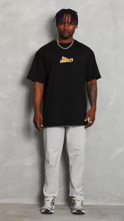 DE'CHARME Unisex Bisiklet Yaka Baskılı Oversize T-Shirt - Siyah