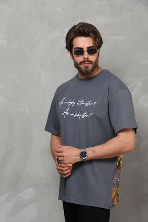 DE'CHARME Unisex Bisiklet Yaka Baskılı Oversize T-Shirt - Füme