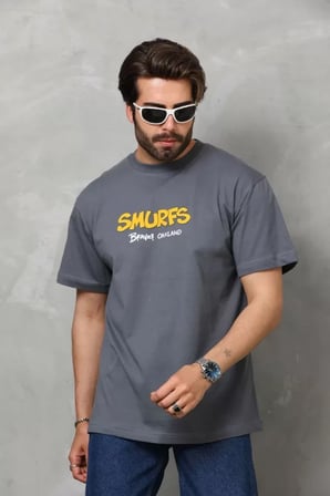 DE'CHARME Unisex Basic Bisiklet Yaka Oversize T-Shirt - Füme