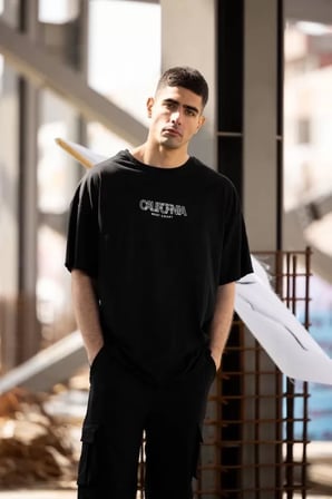 DE'CHARME Unisex Bisiklet Yaka Baskılı Oversize T-Shirt - Siyah