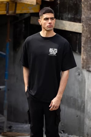 DE'CHARME Unisex Bisiklet Yaka Baskılı Oversize T-Shirt - Siyah