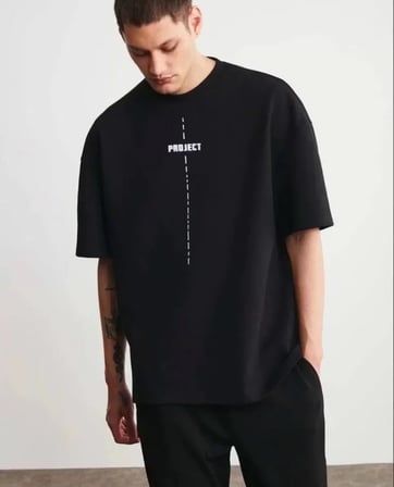 DE'CHARME Unisex Bisiklet Yaka Baskılı Oversize T-Shirt - Siyah