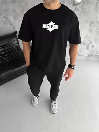 DE'CHARME Unisex Bisiklet Yaka Baskılı Double Oversize T-Shirt - Siyah