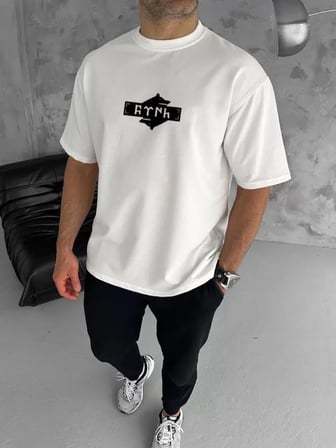 DE'CHARME Unisex Bisiklet Yaka Baskılı Double Oversize T-Shirt - Beyaz