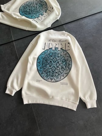 DE'CHARME Üç İplik Bisiklet Yaka Baskılı SweatShirt - Beyaz