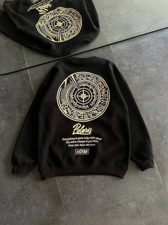 DE'CHARME Kışlık Bisiklet Yaka Ön Ve Arka Baskılı SweatShirt - Siyah