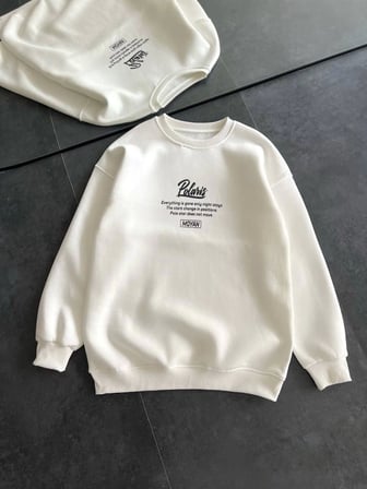 DE'CHARME Kışlık Bisiklet Yaka Ön Ve Arka Baskılı SweatShirt - Beyaz