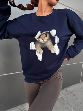 DE'CHARME Kadın Uzun Kollu Bisiklet Yaka Kedi Desenli Viskon Iki Iplik Bluz
