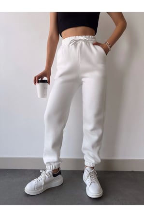 DE'CHARME Üç İplik Basic Lastikli Eşofman Pantolon - Beyaz