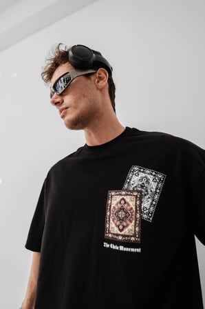 DE'CHARME Erkek Baskılı Oversize T-shirt - Siyah
