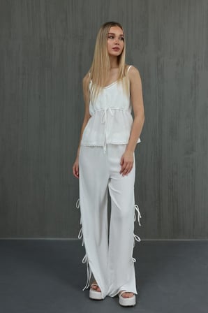 DE'CHARME Fiyonklu Bluz Takım - Beyaz