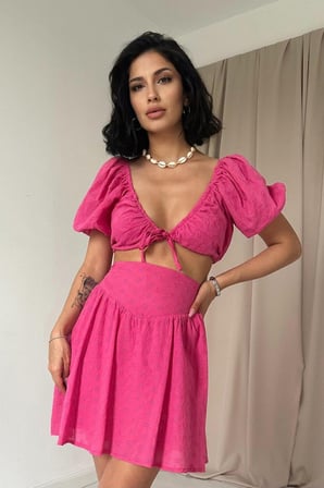 DE'CHARME Fuşya Brode Crop Ve Mini Etek Takım