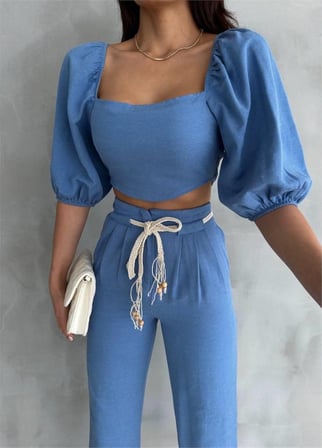DE'CHARME KETEN CROP KARPUZ KOL BLUZ-PANTOLON HASIR KEMERLİ - Mavi