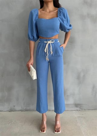 DE'CHARME KETEN CROP KARPUZ KOL BLUZ-PANTOLON HASIR KEMERLİ - Mavi