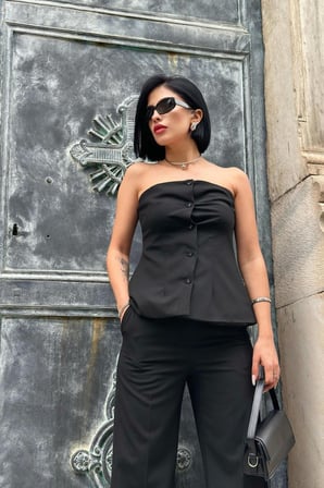 DE'CHARME Siyah Straplez Düğmeli Crop Ve Pantolon Takım