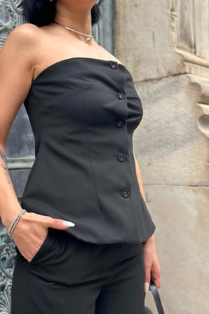 DE'CHARME Siyah Straplez Düğmeli Crop Ve Pantolon Takım