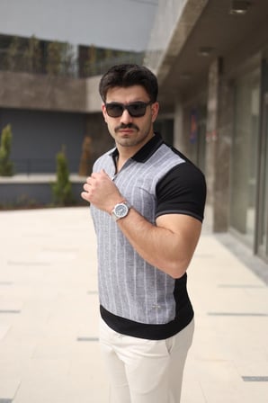 DE'CHARME Erkek Polo Yaka Fermuar Detaylı Çizgili Tişört