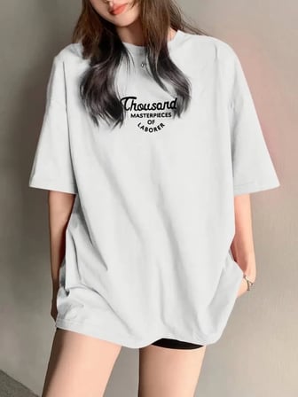 DE'CHARME Thousand Baskılı Oversize Bisiklet Yaka T-shirt - Beyaz