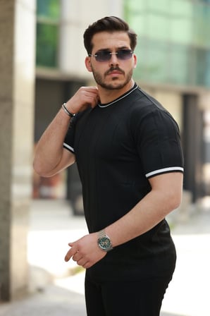 DE'CHARME Erkek Bisiklet Yaka çizgi Desenli Ribanalı Kısa Kollu Tshirt