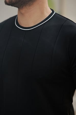 DE'CHARME Erkek Bisiklet Yaka çizgi Desenli Ribanalı Kısa Kollu Tshirt