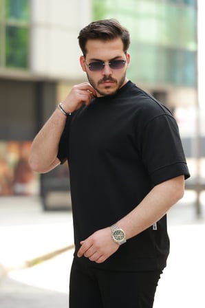 DE'CHARME Erkek Basic Oversize Double Face Kumaş Kısa Kollu Tshirt