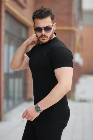 DE'CHARME Erkek Ince çizgi Dokulu Bisiklet Yaka Kısa Kollu T-shirt