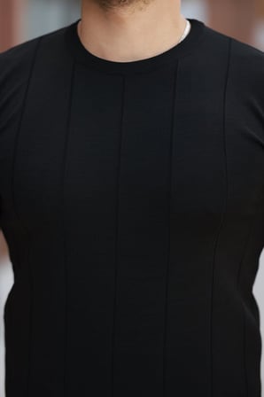 DE'CHARME Erkek Ince çizgi Dokulu Bisiklet Yaka Kısa Kollu T-shirt