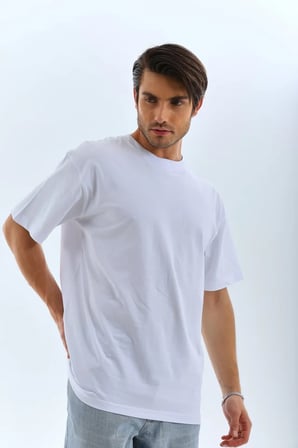 DE'CHARME Unisex Oversize Düz Bisiklet Yaka T-Shirt - Beyaz