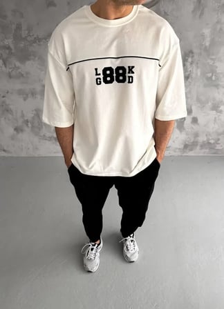 DE'CHARME Unisex Bisiklet Yaka Baskılı Oversize T-Shirt - Beyaz