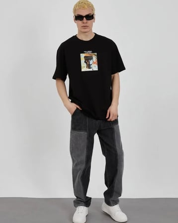 DE'CHARME Unisex Bisiklet Yaka Baskılı Oversize T-Shirt - Siyah
