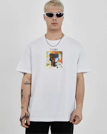 DE'CHARME Unisex Bisiklet Yaka Baskılı Oversize T-Shirt - Beyaz