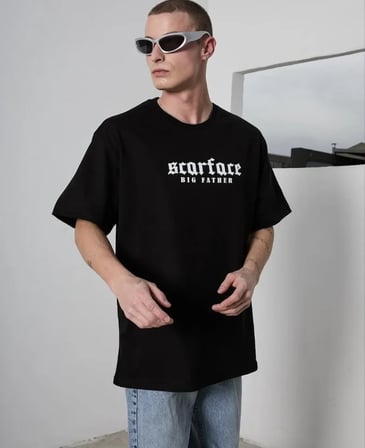 DE'CHARME Unisex Bisiklet Yaka Baskılı Oversize T-Shirt - Siyah
