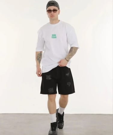 DE'CHARME Unisex Bisiklet Yaka Baskılı Oversize T-Shirt - Beyaz