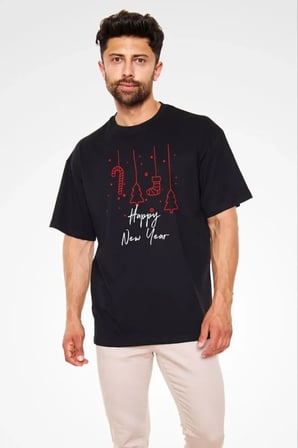 DE'CHARME Unisex Bisiklet Yaka Baskılı Oversize T-Shirt - Siyah